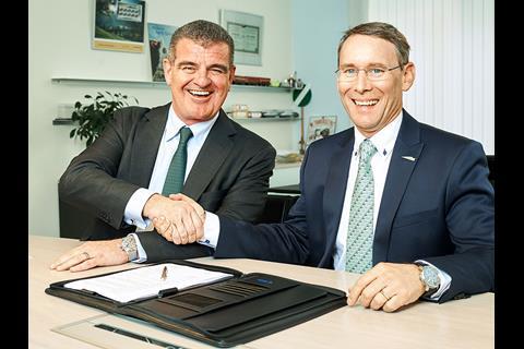 A firm order for the supply of 52 six-car Flirt electric multiple-units was signed by BLS Chief Executive Bernard Guillelmon (right) and Stadler President Peter Spuhler (left) on January 15.